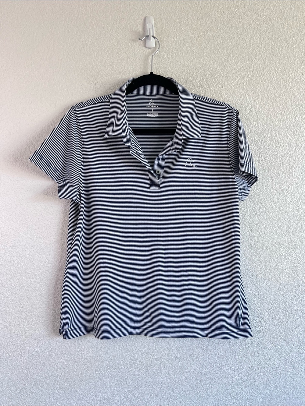 Rhoback Polo Shirt Women Navy White Striped Performance Short Sleeve Stretch